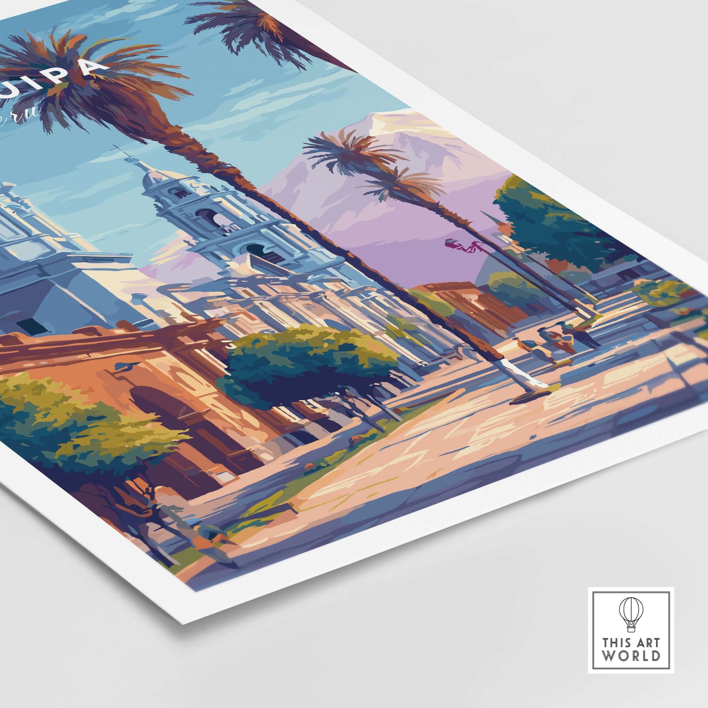 Arequipa Travel Print showcasing vibrant architecture and palm trees in a colorful artistic style.