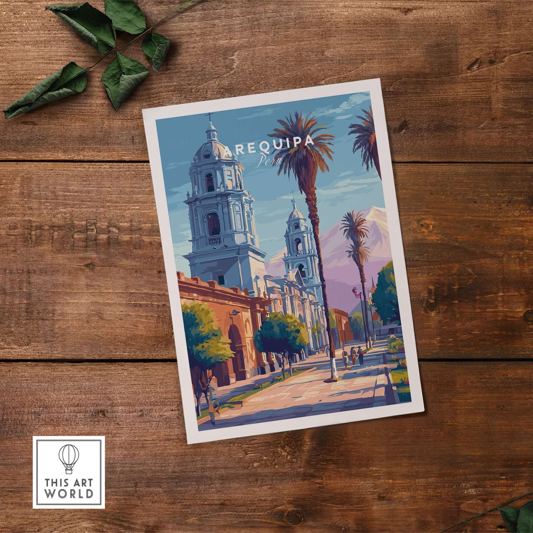 Arequipa Travel Print showcasing vibrant architecture and palm trees on a sunny day in Peru.