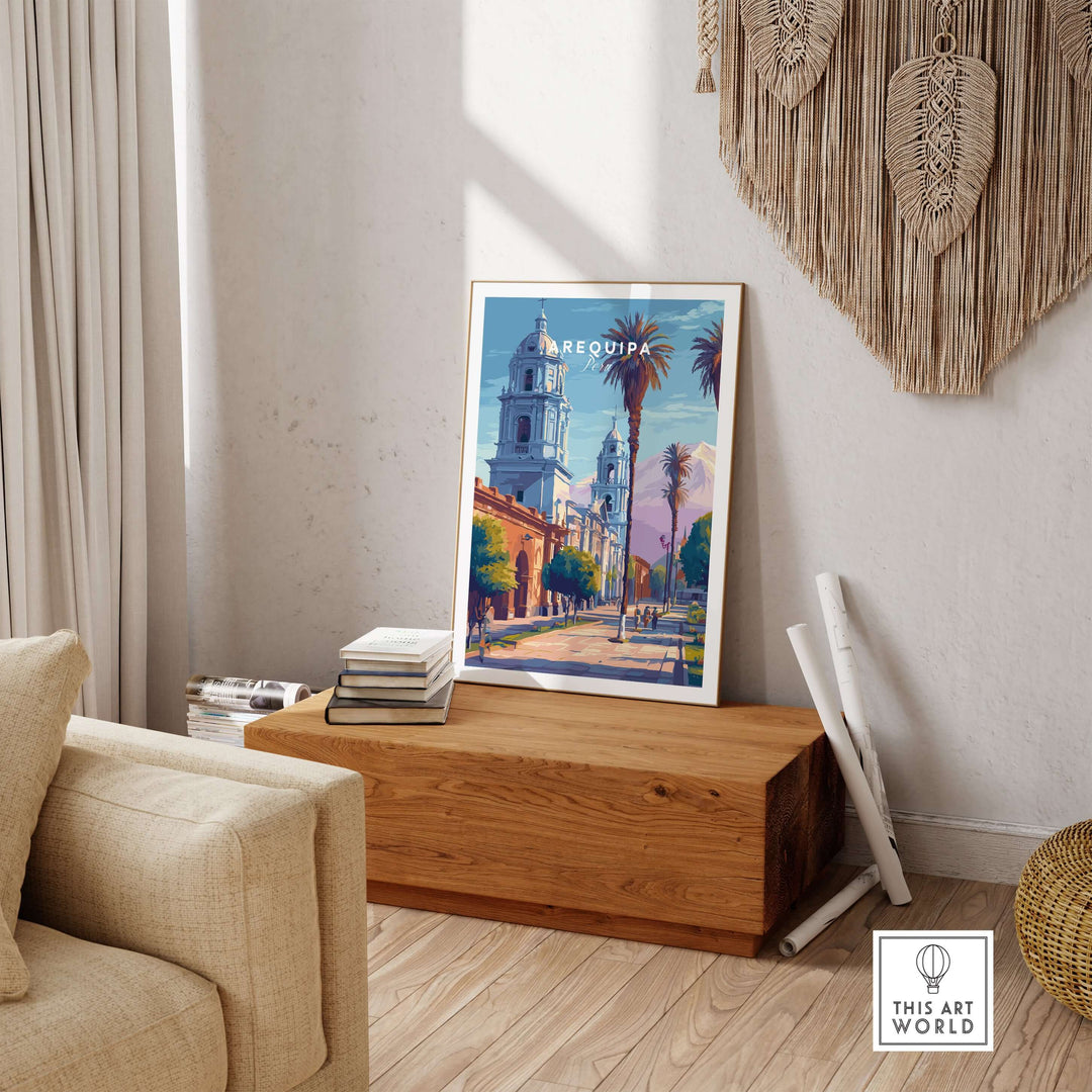 Arequipa travel print showcasing vibrant architecture and palm trees, perfect wall art for home decor.
