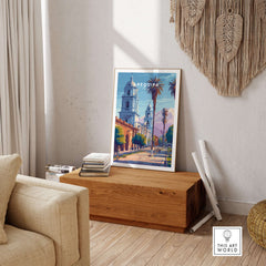 Arequipa Travel Print featuring vibrant colors and architecture in a stylish home decor setting.