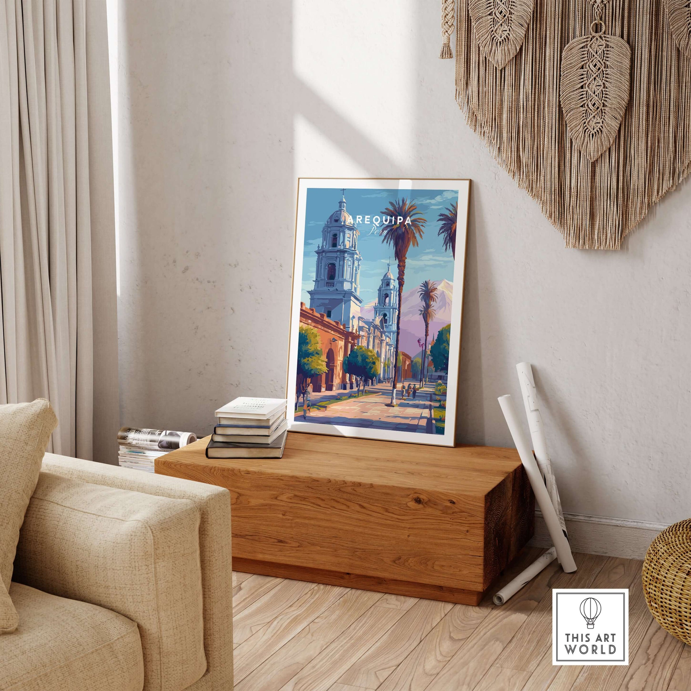 Arequipa Travel Print featuring vibrant colors and architecture in a stylish home decor setting.