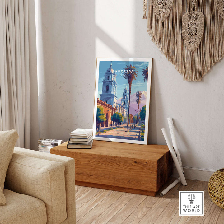 Arequipa travel print showcasing vibrant architecture and palm trees, perfect wall art for home decor.