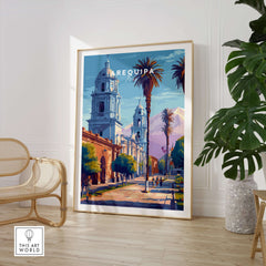 Arequipa Travel Print vibrant wall art featuring Arequipa's architecture and landscape in a stylish living room decor.