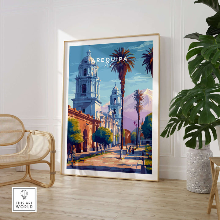 Arequipa travel print showcasing vibrant architecture and palm trees, perfect wall art for home or office decor.