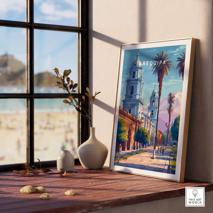 Arequipa travel print framed on a wooden table with a vase, showcasing vibrant colors and iconic architecture of Arequipa, Peru.