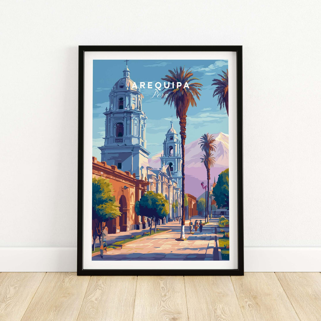 Arequipa travel print showcasing vibrant architecture and palm trees, perfect wall art for home or office decor.
