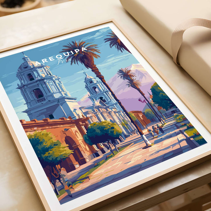 Vibrant Arequipa travel print showcasing architecture and palm trees, perfect for home or office decor.