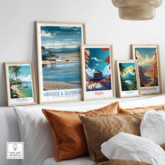 Arnside and Silverdale AONB Wall Art Print displayed among other travel-themed prints in a cozy living room setting.