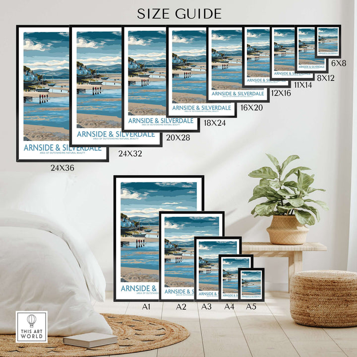 Size guide for Arnside and Silverdale wall art prints showcasing various frame sizes and designs.