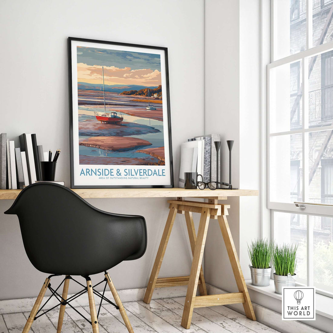 Arnside and Silverdale AONB travel poster displayed in a modern workspace, showcasing stunning scenery and vibrant colors.