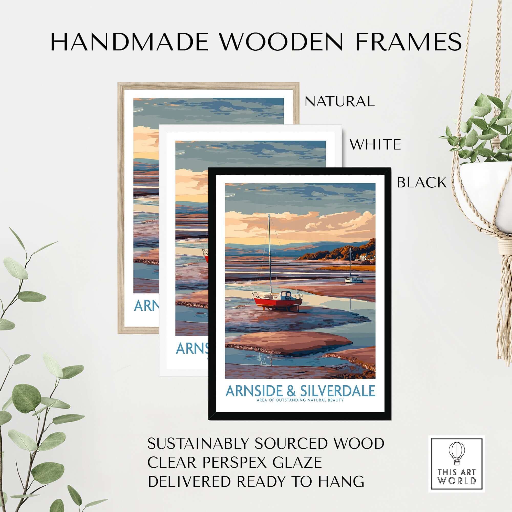 Handmade wooden frames for Arnside and Silverdale AONB Travel Poster in natural, white, and black finishes.