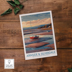 Arnside and Silverdale AONB Travel Poster featuring a boat and stunning natural scenery on a wooden table.