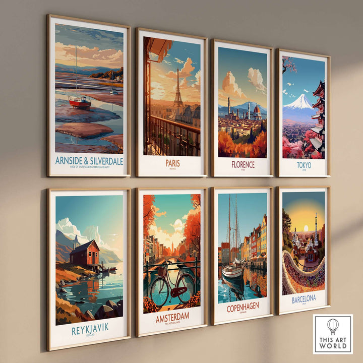 Colorful collection of travel posters featuring Arnside and Silverdale, Paris, Florence, Tokyo, Reykjavik, Amsterdam, Copenhagen, and Barcelona.