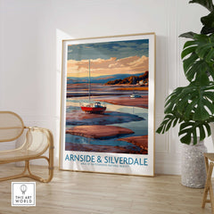 Arnside and Silverdale AONB Travel Poster showcasing a vibrant seaside landscape and boat for nature lovers.