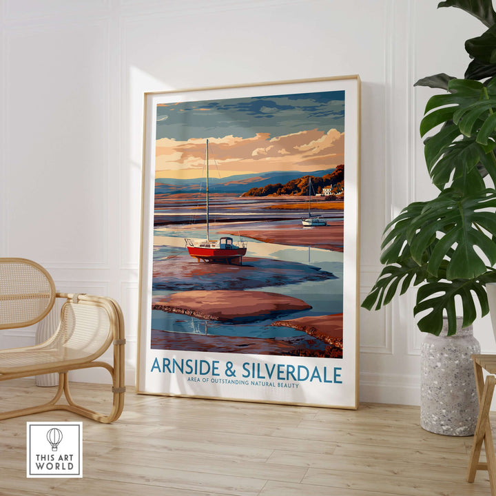Arnside and Silverdale AONB travel poster showcasing vibrant scenery and a boat on calm waters.