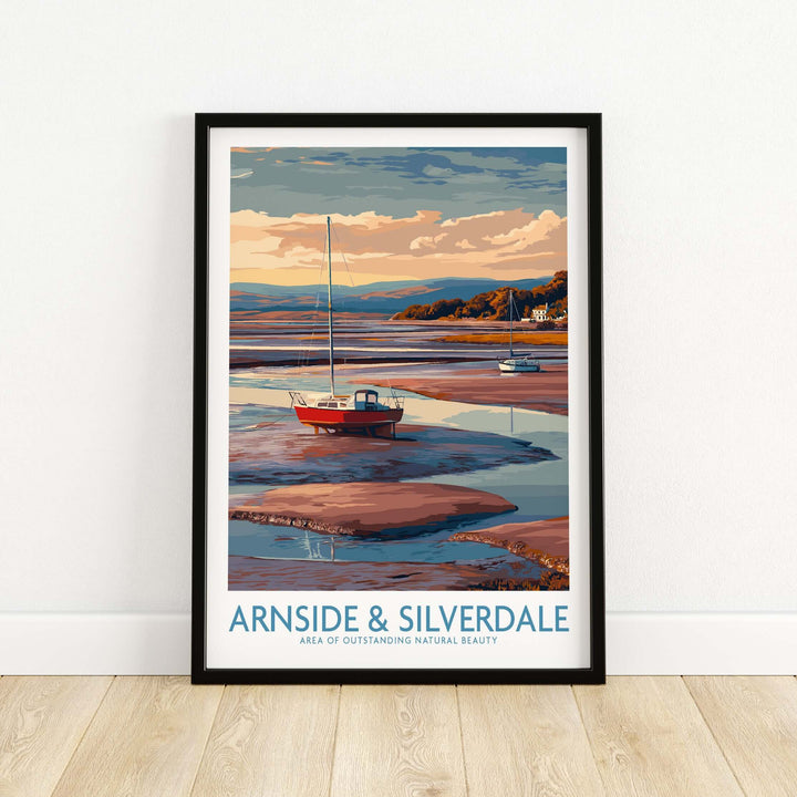 Arnside and Silverdale AONB travel poster featuring a boat on serene waters with stunning natural scenery.