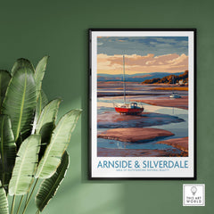 Arnside and Silverdale AONB Travel Poster featuring a vibrant landscape and a red boat on water.