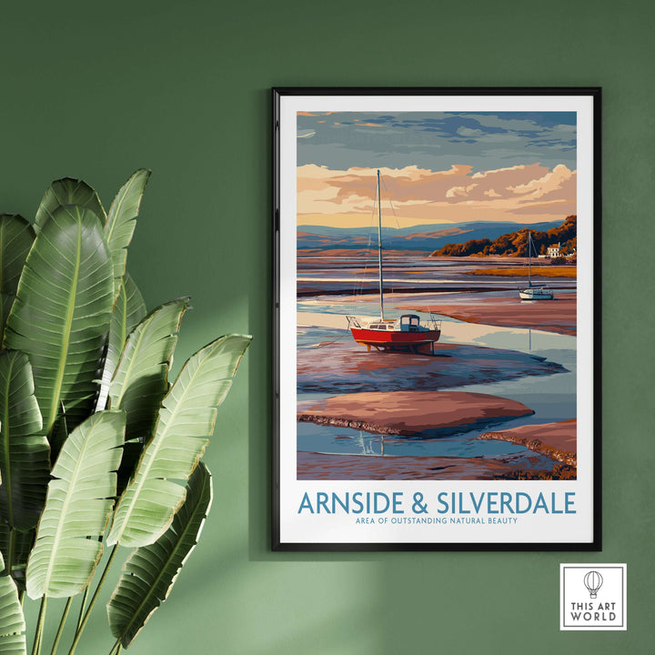 Arnside and Silverdale AONB travel poster showcasing a serene landscape with a red boat and lush greenery.