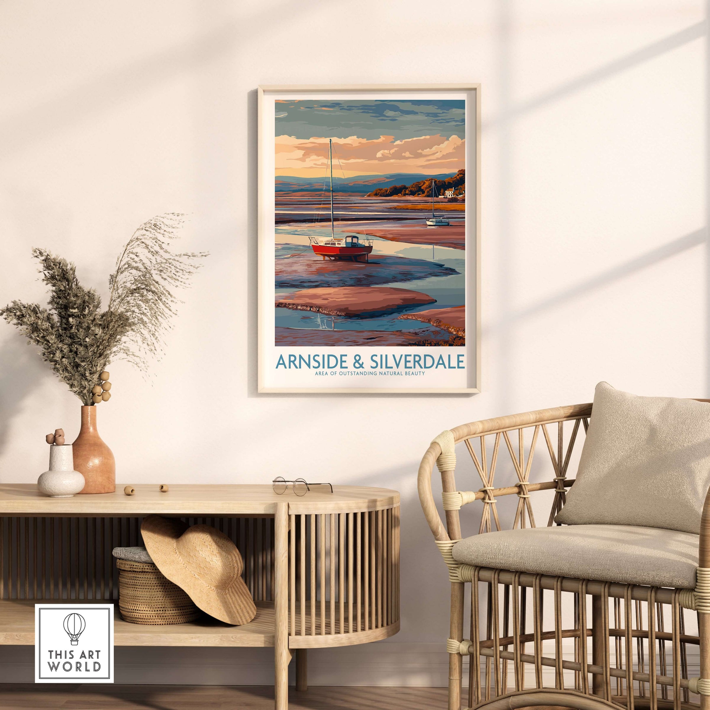 Arnside and Silverdale AONB Travel Poster displayed in a cozy home setting with a boat in scenic background.