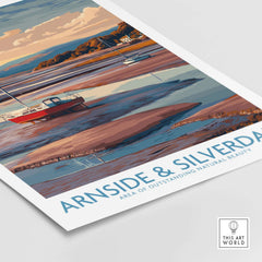 Arnside and Silverdale AONB Travel Poster showcasing vibrant scenery and boats in a tranquil setting.