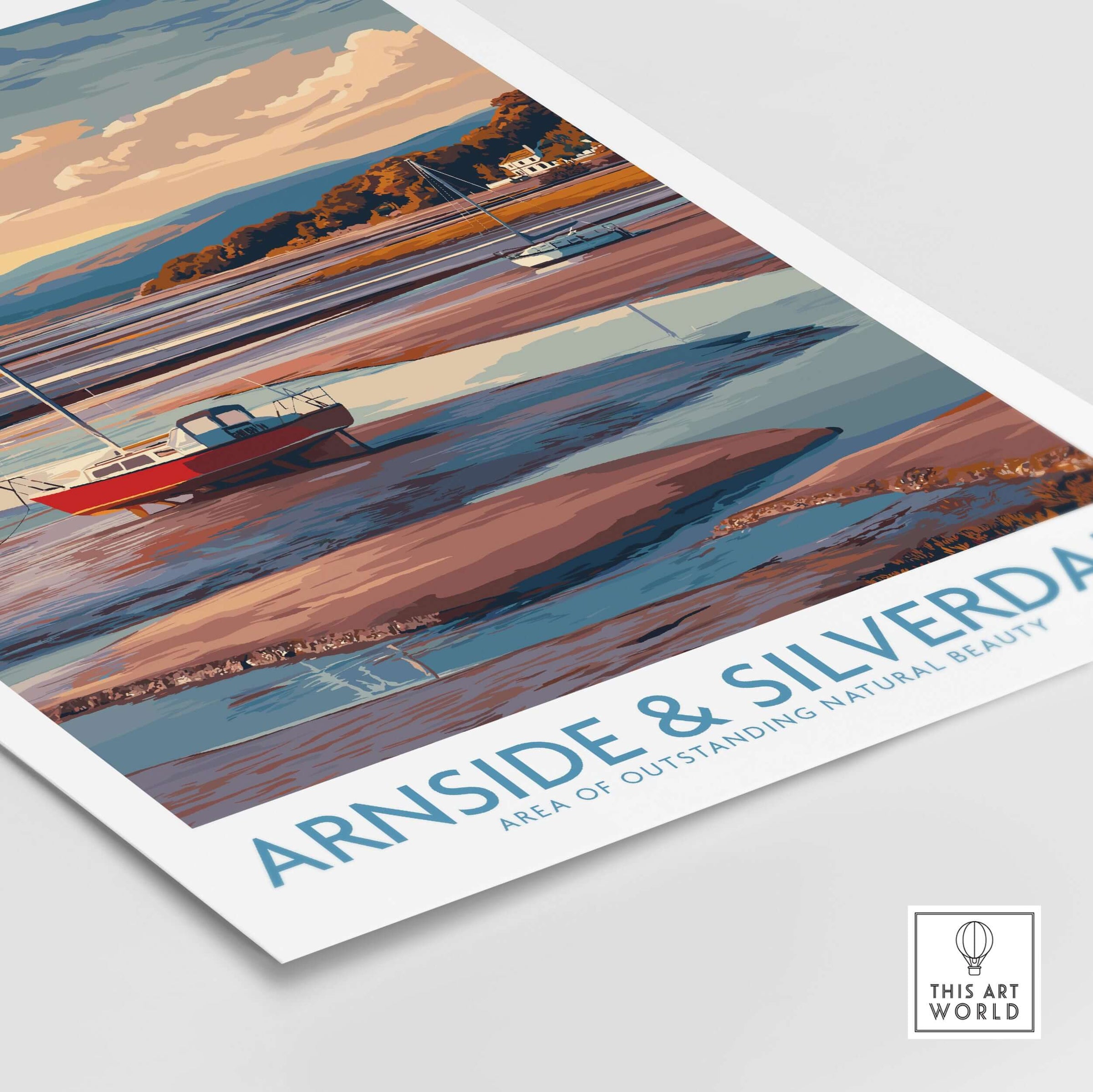 Arnside and Silverdale AONB Travel Poster showcasing vibrant scenery and boats in a tranquil setting.