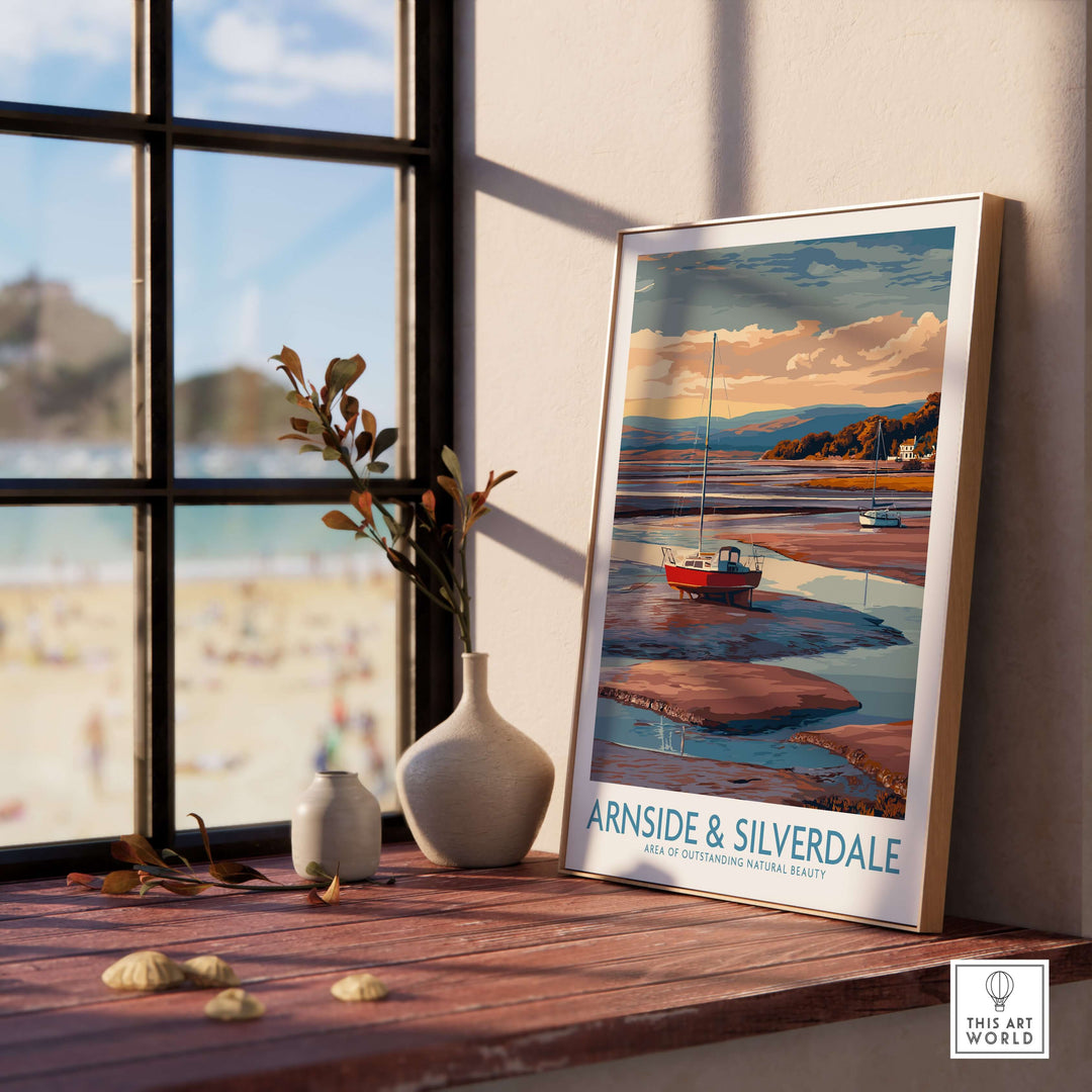 Arnside and Silverdale AONB travel poster showcasing a boat by the shore, vibrant scenery, perfect for nature lovers.