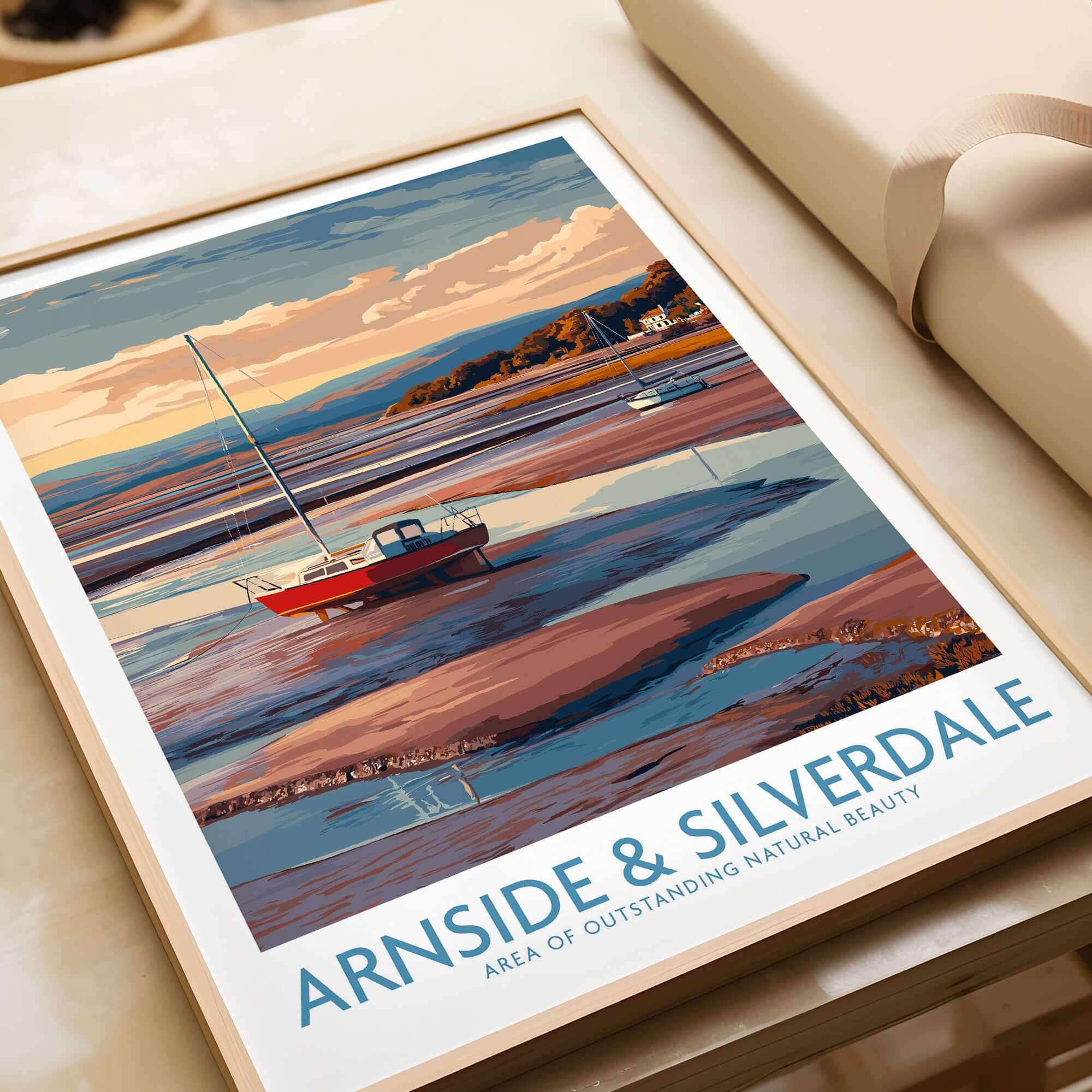 Arnside and Silverdale AONB Travel Poster featuring a serene landscape with a boat on calm waters.