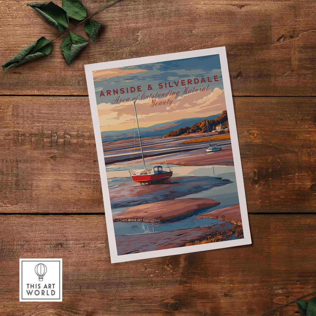 Arnside and Silverdale AONB travel print featuring scenic landscapes and a boat on tranquil waters.