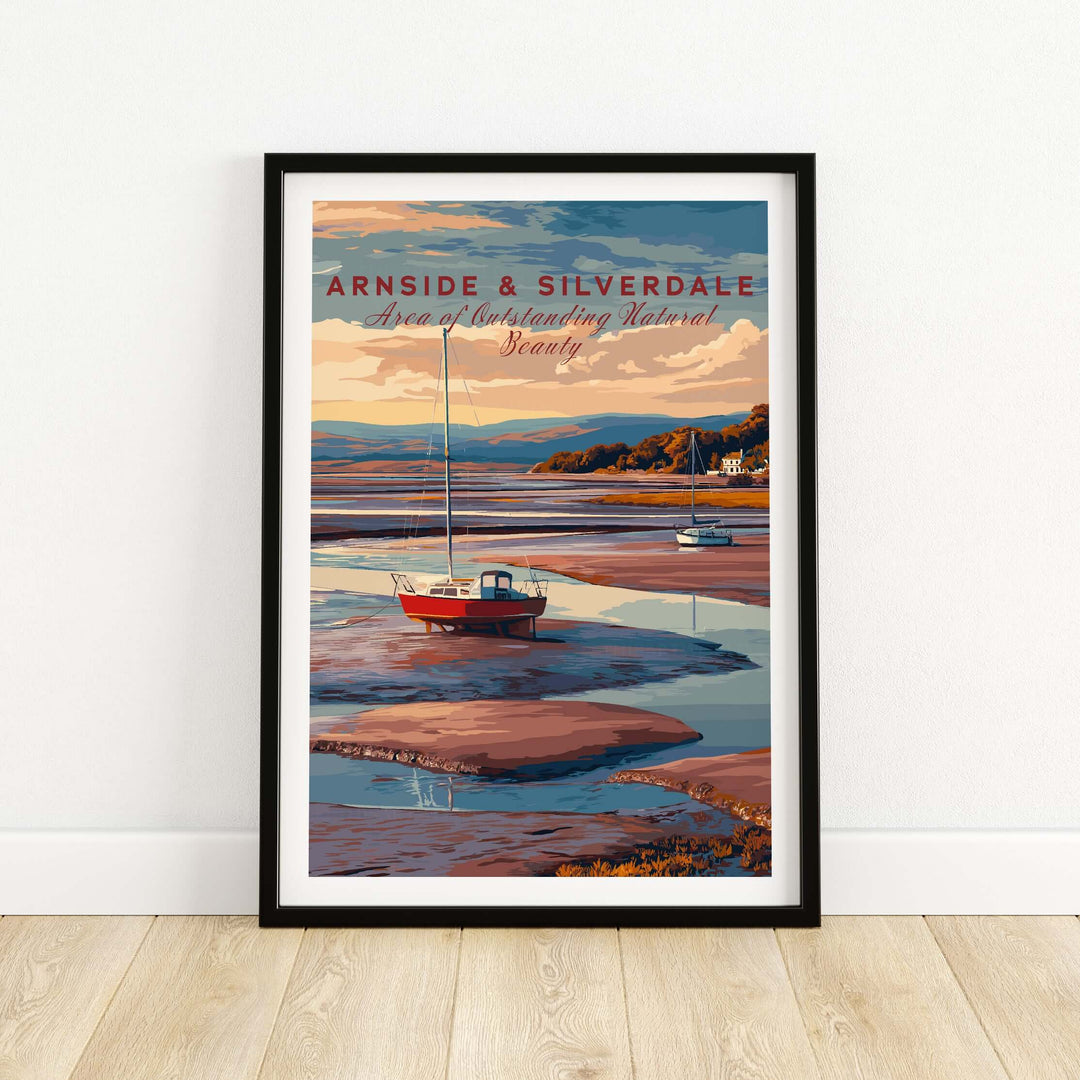 Arnside and Silverdale travel print featuring scenic views of boats on water and lush landscapes.