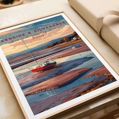 Arnside and Silverdale AONB Travel Print featuring a vibrant landscape with a sailboat on the water.
