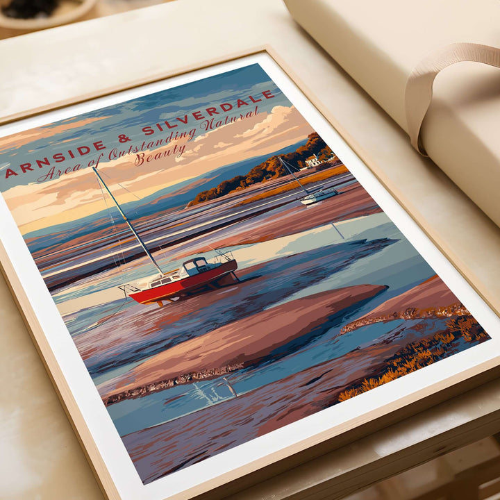 Arnside and Silverdale AONB Travel Print featuring scenic coastal views and a boat on tranquil waters.
