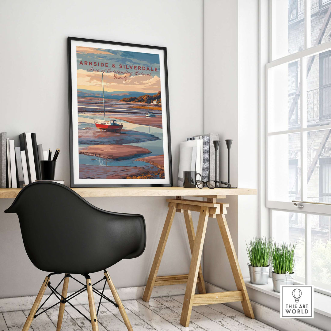 Arnside and Silverdale AONB travel print displayed in a modern office setting, showcasing scenic landscapes.