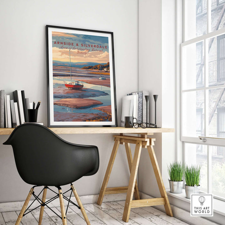 Arnside and Silverdale AONB travel print displayed in a modern office setting, showcasing scenic landscapes.