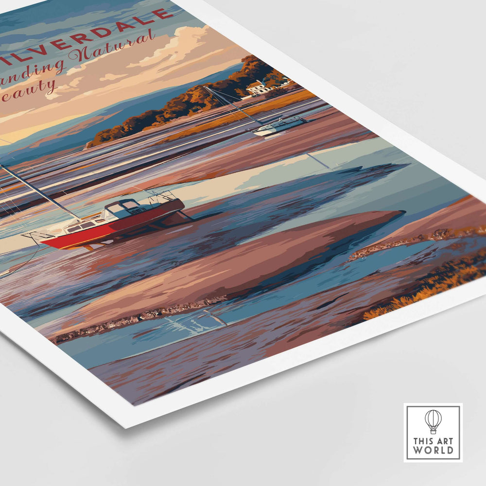 Arnside and Silverdale AONB travel print showcasing scenic landscapes and boats on water.