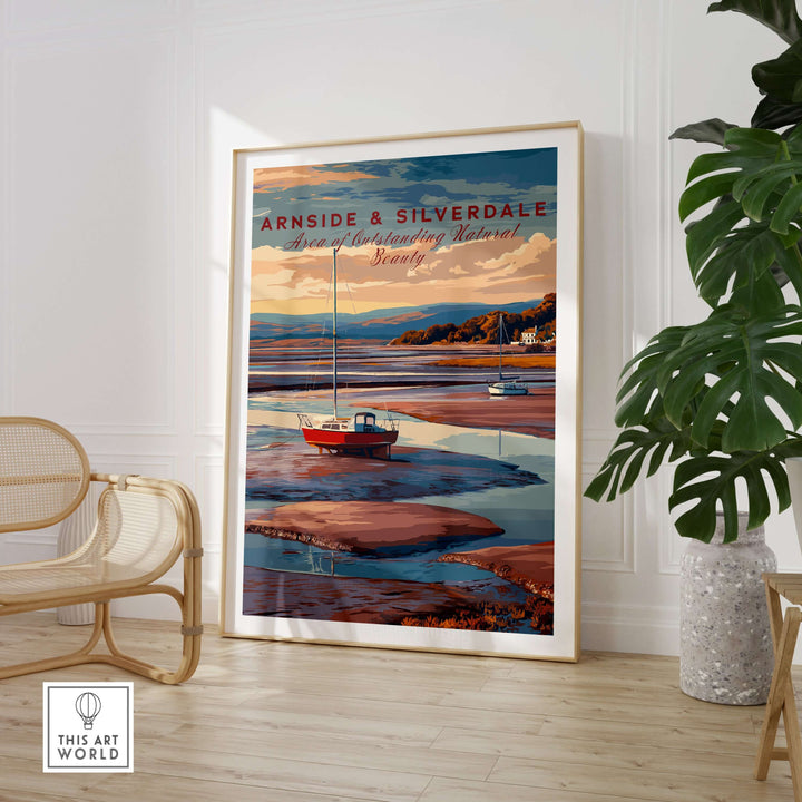 Arnside and Silverdale travel print featuring scenic landscapes and a boat, perfect for home decor.