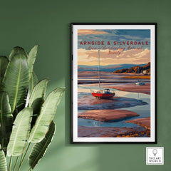 Arnside and Silverdale AONB Travel Print featuring scenic landscapes and a boat on the water.