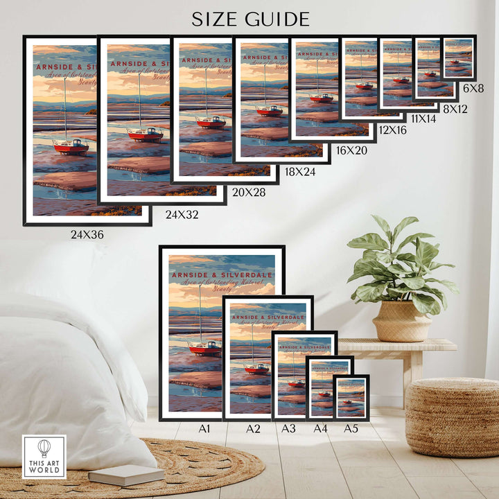 Size guide displaying various frame sizes for Arnside and Silverdale travel print in a stylish interior setting.