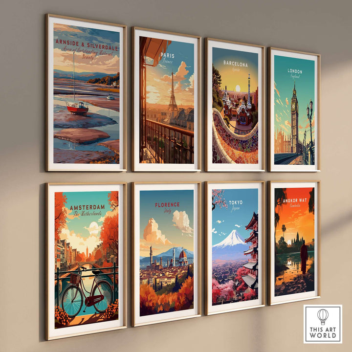 Collection of travel prints featuring Arnside, Silverdale, Paris, Barcelona, London, Amsterdam, Florence, Tokyo, Angkor Wat.