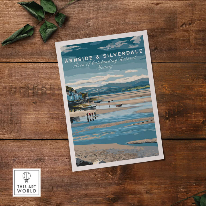Arnside and Silverdale AONB wall art poster featuring stunning landscape and vibrant colors on wooden background.