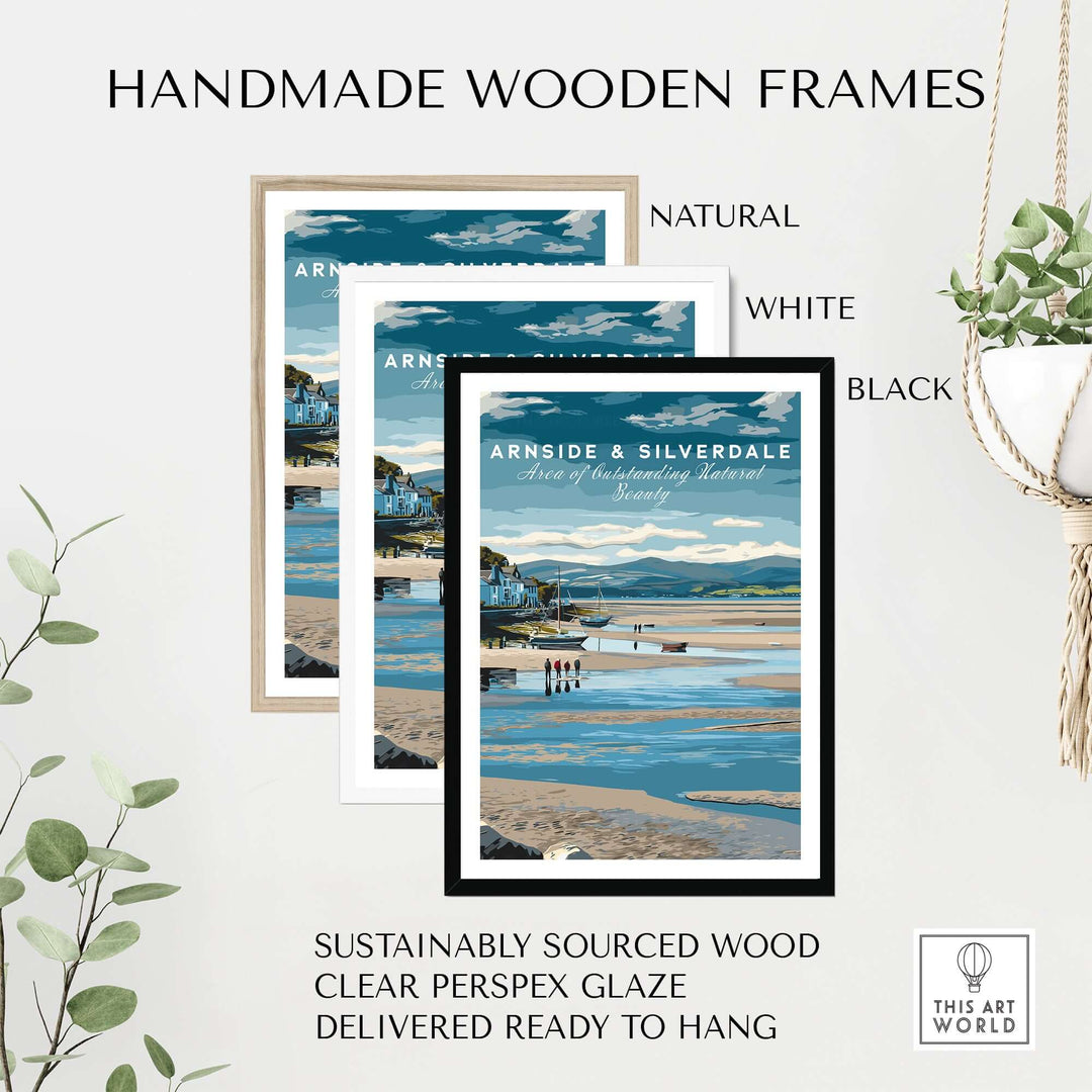 Three handmade wooden frames in natural, white, and black colors showcasing Arnside and Silverdale art poster.