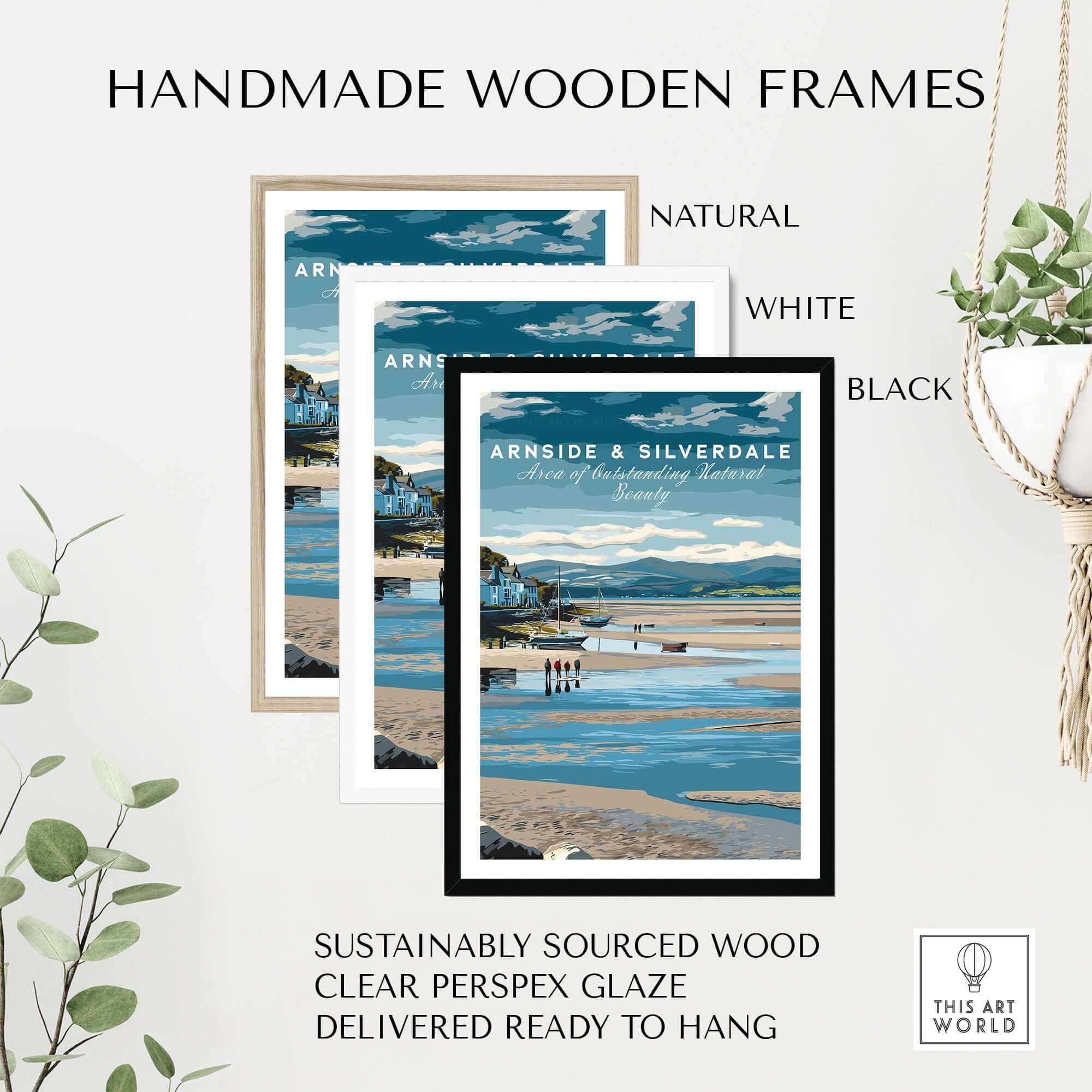 Arnside and Silverdale AONB Wall Art Poster with handmade wooden frames in natural, white, and black colors.