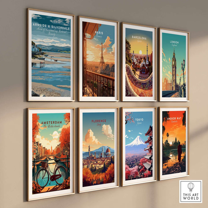 Gallery of travel-themed wall art posters including Arnside and Silverdale, Paris, Barcelona, and more.