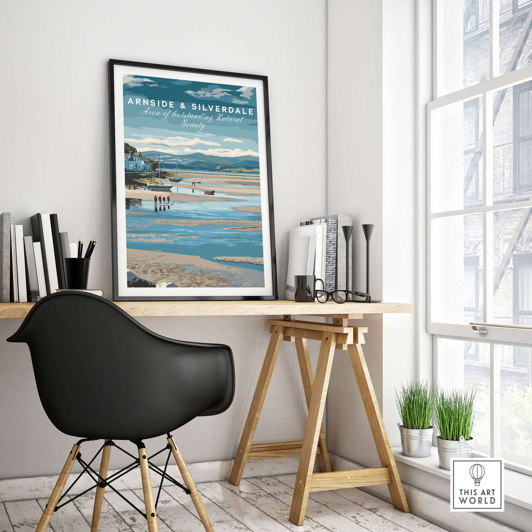 Arnside and Silverdale AONB wall art poster displayed in a modern office setting.