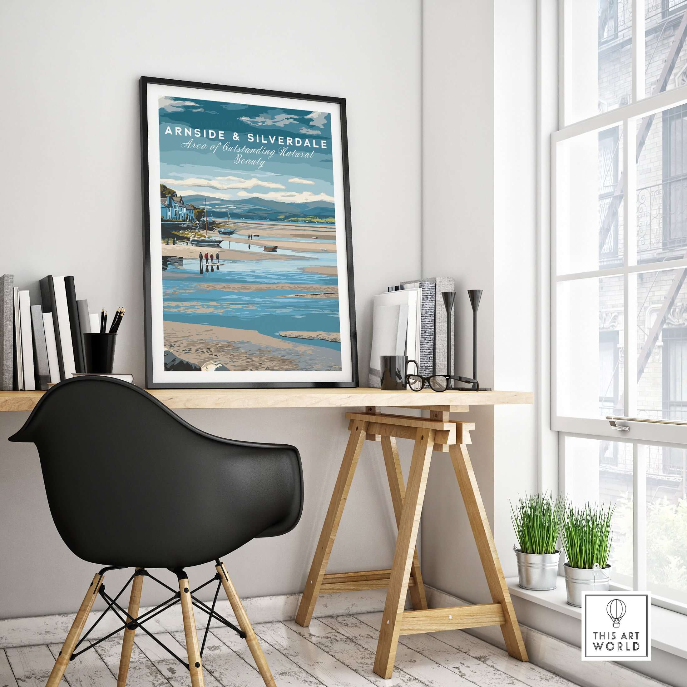 Arnside and Silverdale AONB Wall Art Poster displayed in a modern home office setting with a stylish chair and desk.