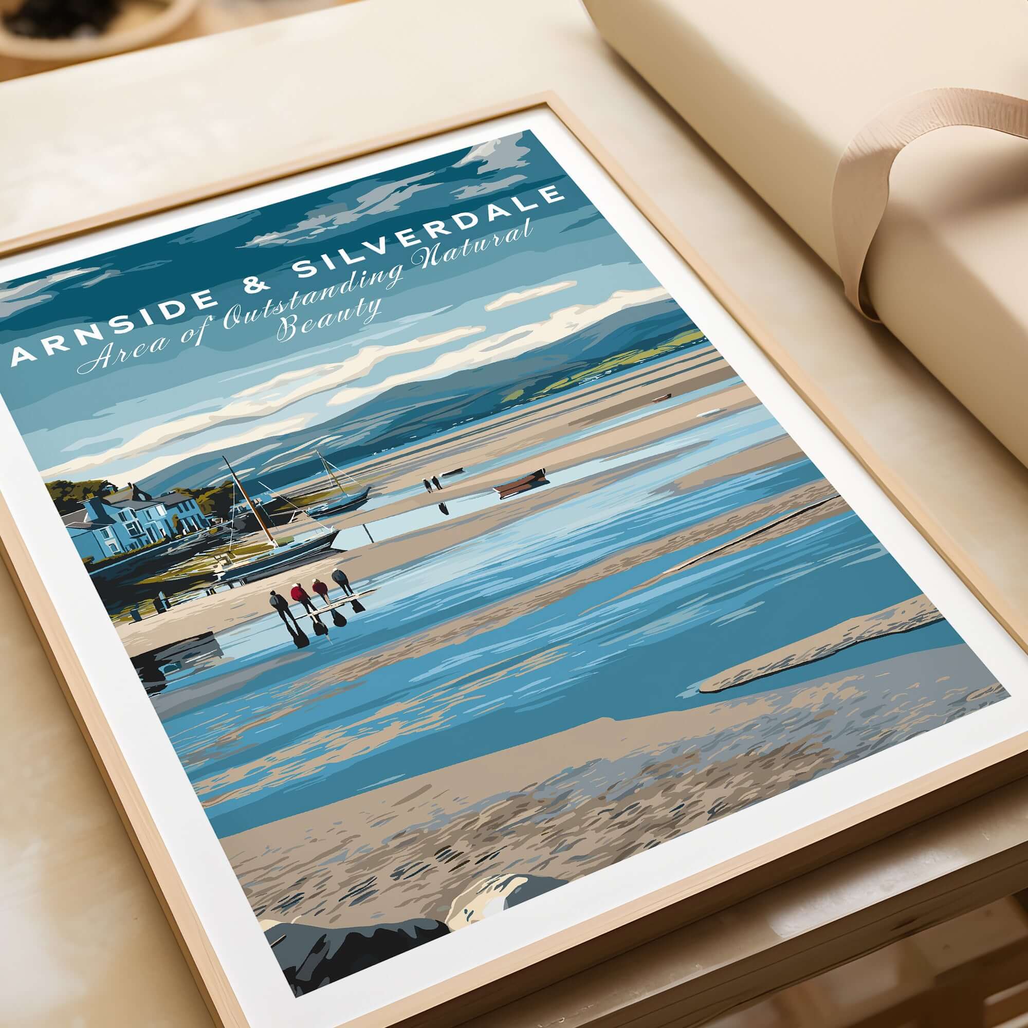 Arnside and Silverdale AONB Wall Art Poster showcasing a scenic landscape with beach and water elements.