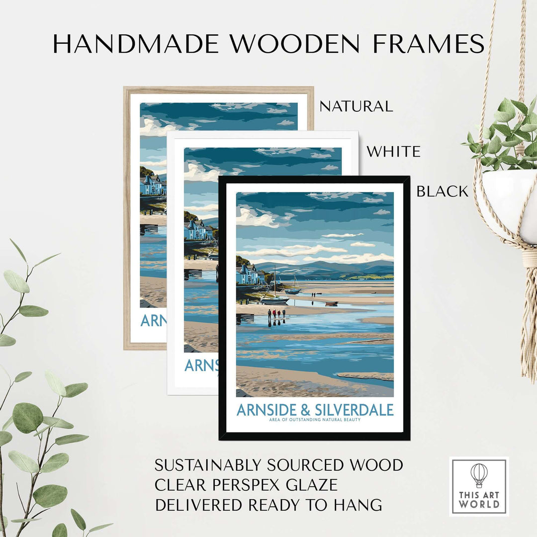 Handmade wooden frames in natural, white, and black for Arnside and Silverdale wall art print, sustainably sourced.