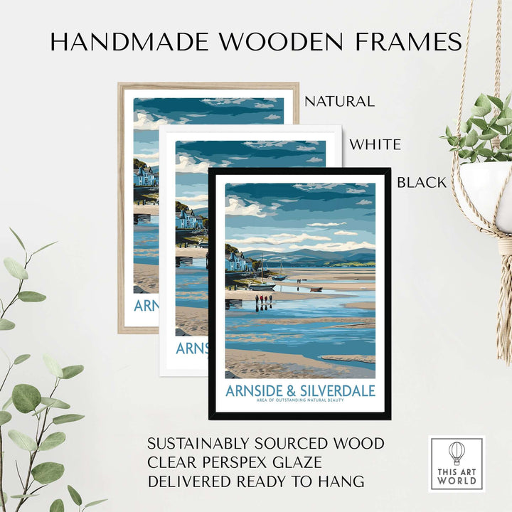 Handmade wooden frames in natural, white, and black for Arnside and Silverdale wall art print, sustainably sourced.