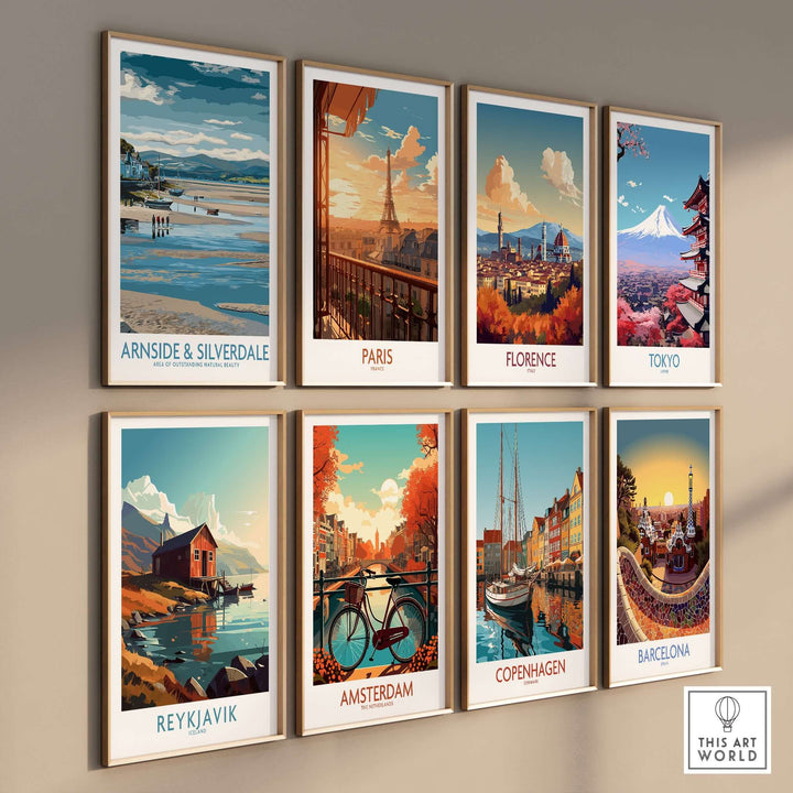 Collection of wall art prints featuring Arnside and Silverdale, Paris, Florence, Tokyo, Reykjavik, Amsterdam, Copenhagen, and Barcelona.