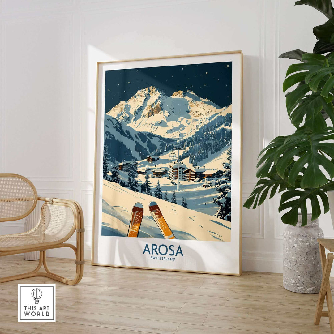 Arosa Ski Print featuring Swiss Alps with vintage skis, adding elegance and adventure to your home decor.