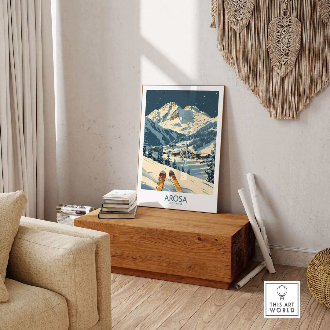 Arosa Ski Print showcasing Swiss Alps, displayed in a cozy living room setting, adding elegance and adventure to home decor.